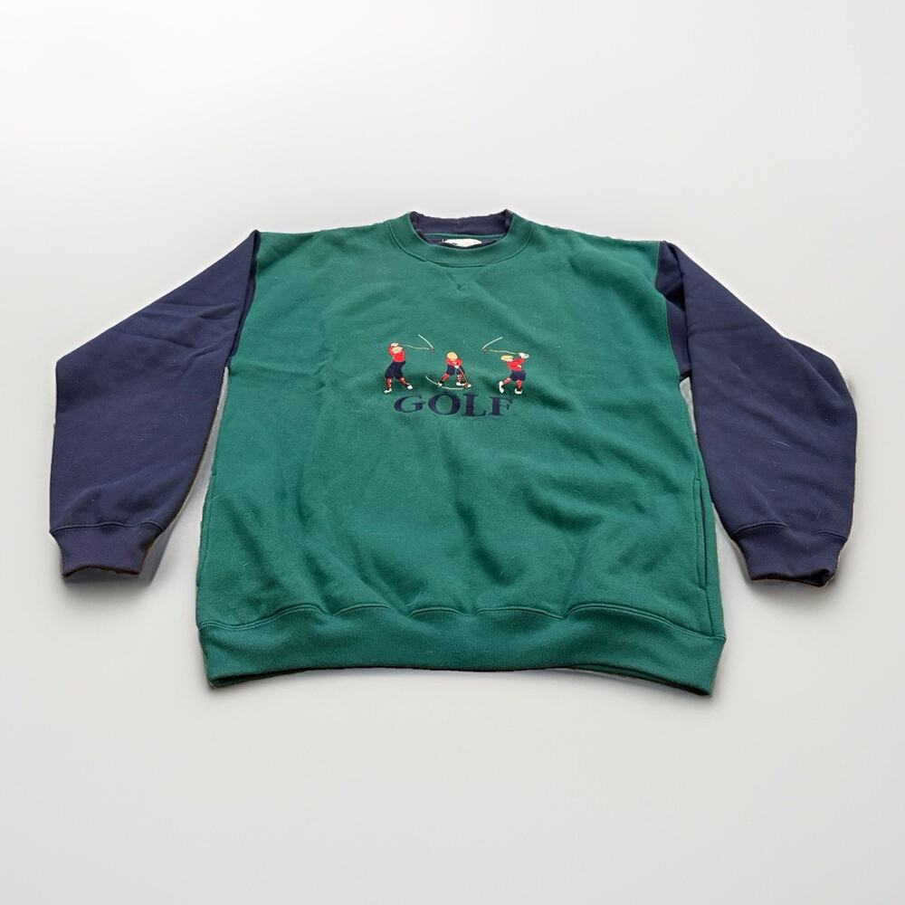 Vintage John Ashford Golf Mens Green Blue Embroidered Crewneck Sweatshirt Size L